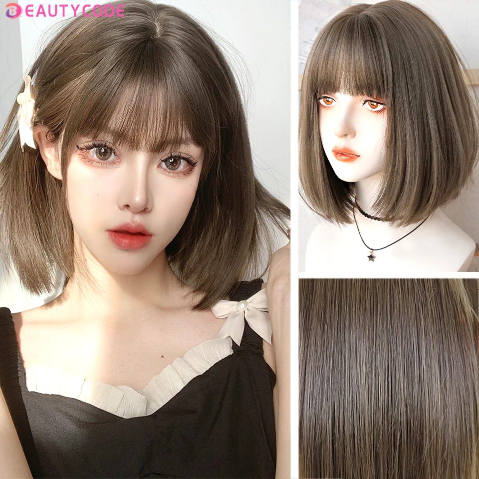 

Brown Straight Short Bob Natural Daily Hair Synthetic Wigs For White Women With Bangs Heat Resistant Cosplay Female Fiber Wig