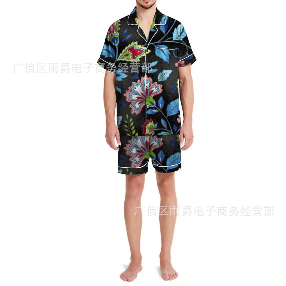 Men's Silk Pajamas 2pcs Short Sleeve Lapel Single-breasted Printed Shirts Shorts Home Clothing Lounge Wear Men Silk Satin Pajama