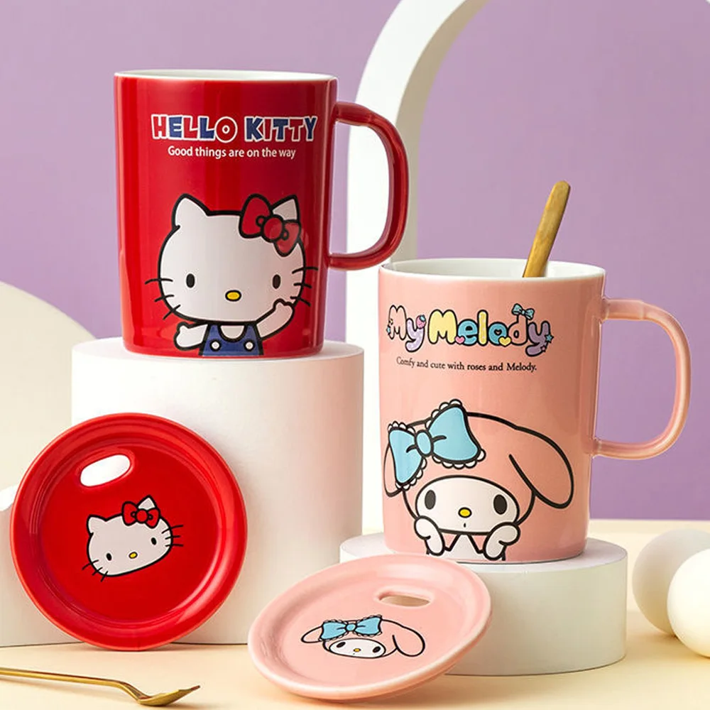 

Kawaii Kuromi Cinnamoroll Kitty Mug with Cover Spoon Home Office Water Cup Cute Men and Women Coffee Cup