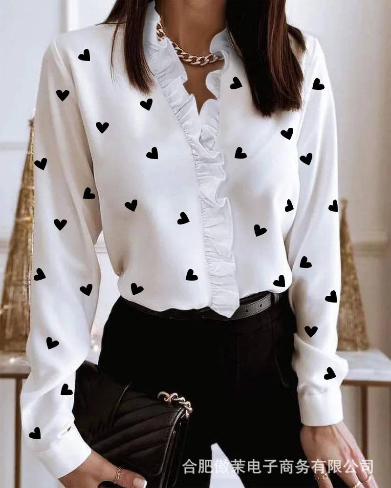 

Женская декоративная рубашка с волнистым воротником и принтом Love, Новинка весна-осень 2022, модная женская блузка с длинным рукавом, повседне...