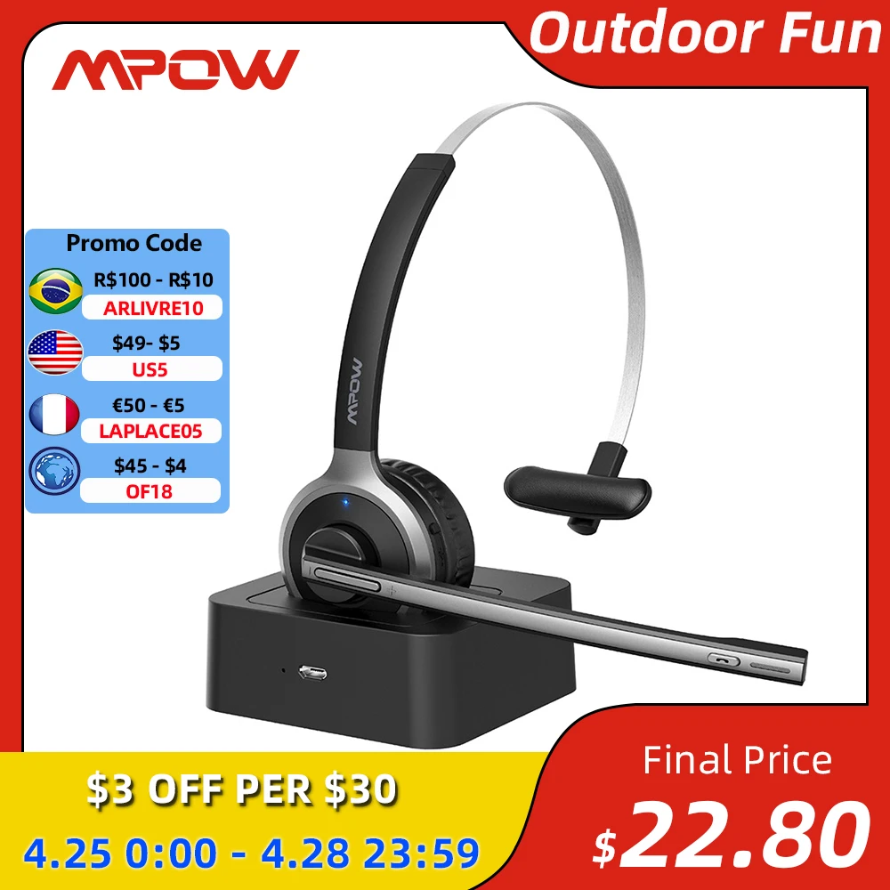 mpow m5 pro bluetooth 5 0 headphones with mic charging base wireless headset for pc laptop call center office 18h talking time free global shipping