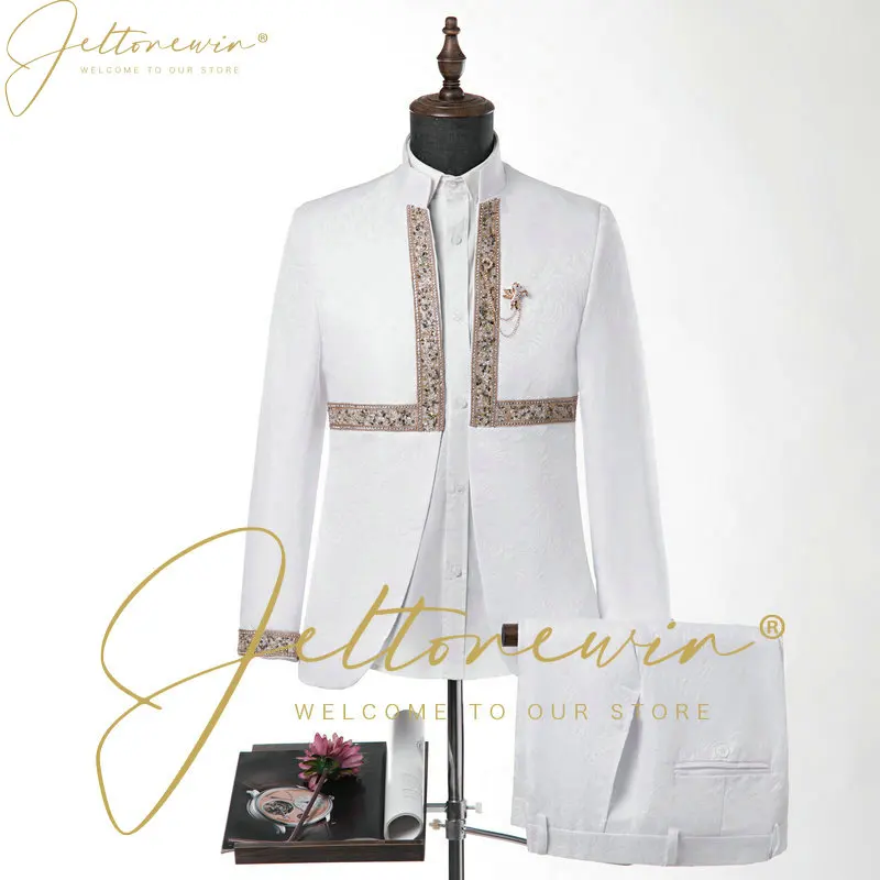 

ЖАККАРДОВЫЕ мужские повседневные Костюмы, 2 шт., облегающие, однобортные, с воротником-стойкой, мужской костюм для выпускного, свадебный смокинг, свадебные костюмы для мужчин