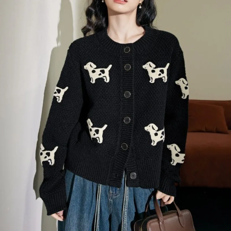 Y2k свободный кардиган черная собака вязаные пальто короткие милые свитера на