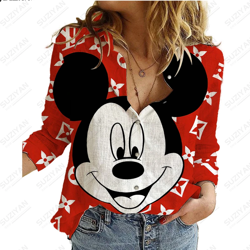 

23 New Spring and Autumn Long Sleeve Button Up Shirt 3D Printed Loose and Comfortable Harajuku Fit Large Disney Minnie Cardigan