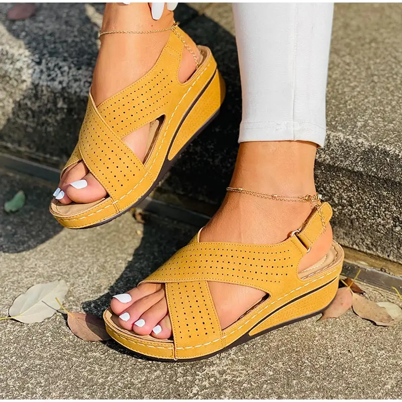 

Women's Sandals Summer Shoes For Women New Ladies Sewing Hollow Out Wedges Female Casual Pu Leather Platform Retro Sandal