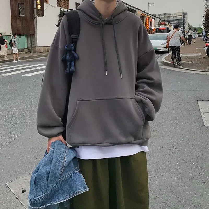 Сплошной цвет с капюшоном для пар мужская свободная посадка модная