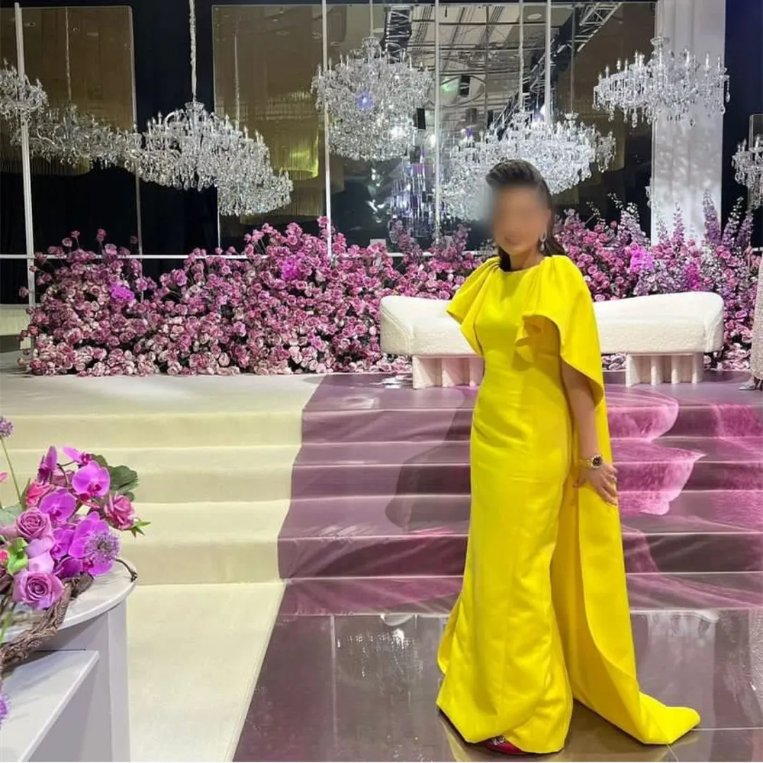 

Женское атласное платье с юбкой-годе, Элегантное Длинное платье желтого цвета с маленьким шлейфом, вечернее платье для выпускного вечера