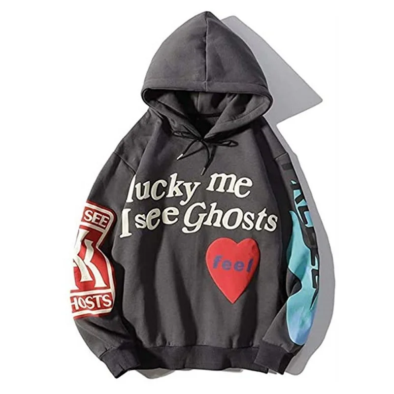 Harajuk Graffiti Letter Printed Hoodies Lucky Me I See Ghosts Hip Hop Loose Size Oversized Matching Coat Trend For Men And Women