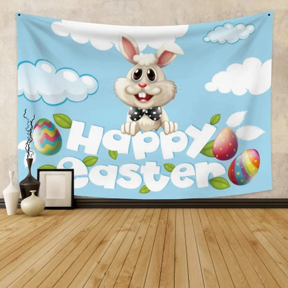 

Happy Easter Tapestry Wall Hanging Cute Cartoon Rabbit Tapestry Colorful Easter Eggs Wall Tapestry Happy Easter Backdrop