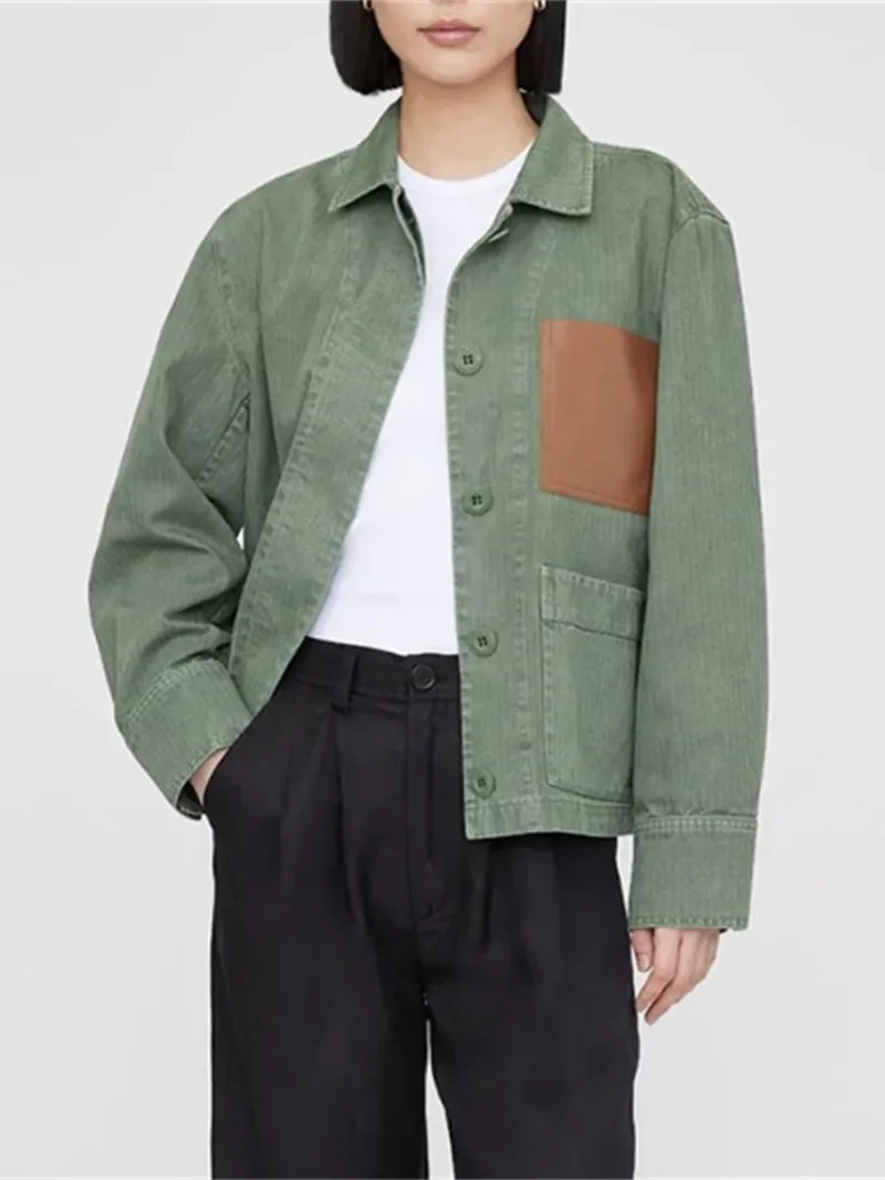 

202 Autumn New Women Patchwork Pocket Decoration Green Jacket Long Sleeve Lady Single Breasted Turn-Down Collar Retro Coat