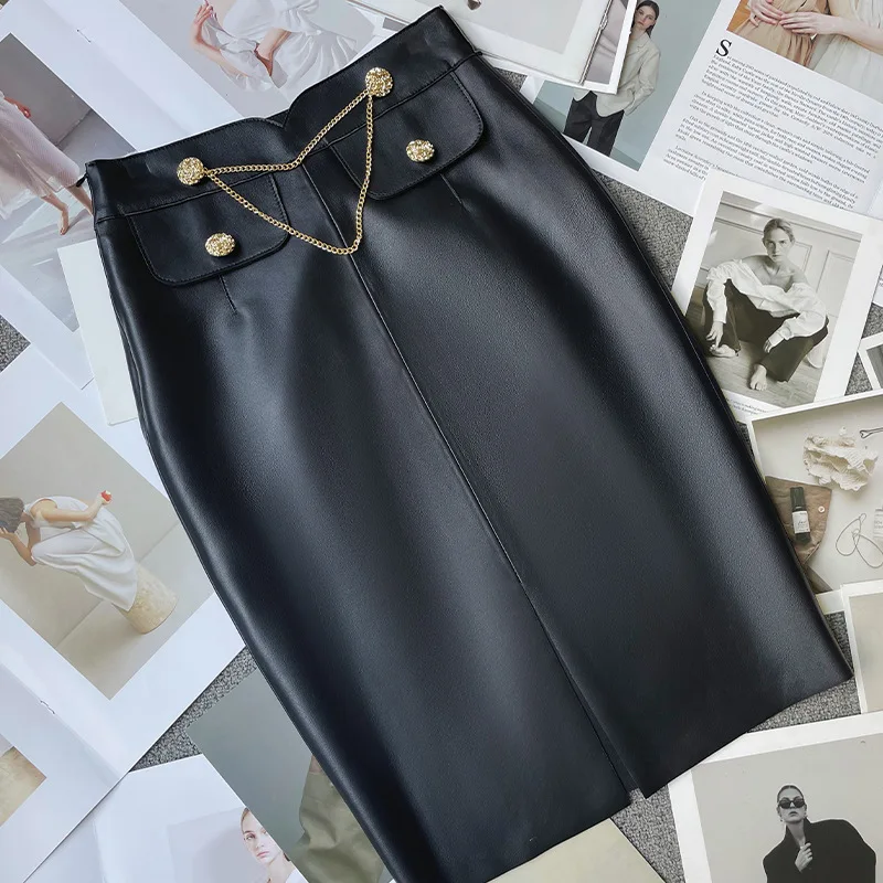 2022 New Genuine Leather Skirt Women Real Sheepskin High Waist Sheath Skirt G17