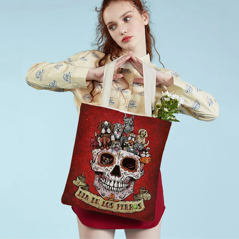 

Vintage Day of the Dead Women Shopping Shoulder Bag Reusable Cute Cartoon Skull Flower Double Print Casual Canvas Tote Handbag