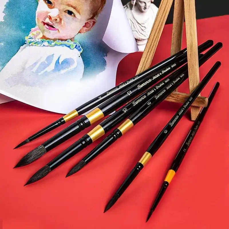 BORRENCE Professional Squirrel Hair Round Paint Brush Wooden Handle Painting Brush Set for Watercolor Acrylic Oil Painting Art