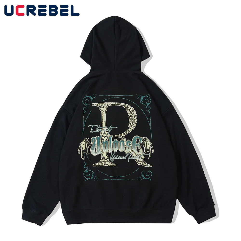 

Skeleton Print Hoodie Mens Letter Retro Pocket Loose Casual Sports Pullover Autumn Winter Double-sided Printing Sweatshirts Men