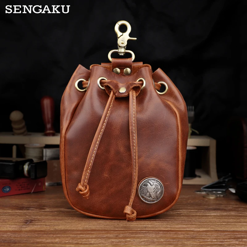 

Crazy Horse Leather Men's Fanny Waist Belt Pack Handmade Genuine Leather Work Shoulder Sling Bag Small Wallet Coin Purse