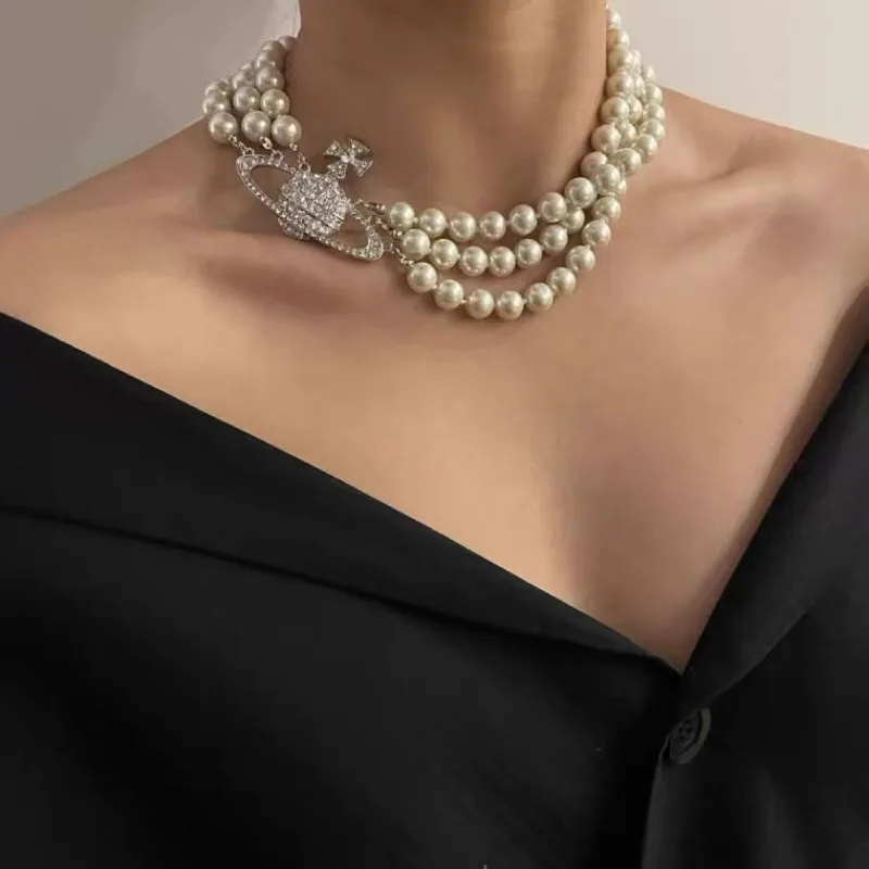 

Saturn Diamond Pearl Necklace Multi Layered Luxury Necklace Planet Neck Collar Chain for Women Female Couple Pendants Necklace