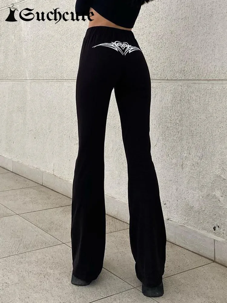 

SUCHCUTE Gothic Graphic Print Women Pants Streetwear Punk Style Straight Baggy Trousers Kpop Fashion Hight Waist Black Pants