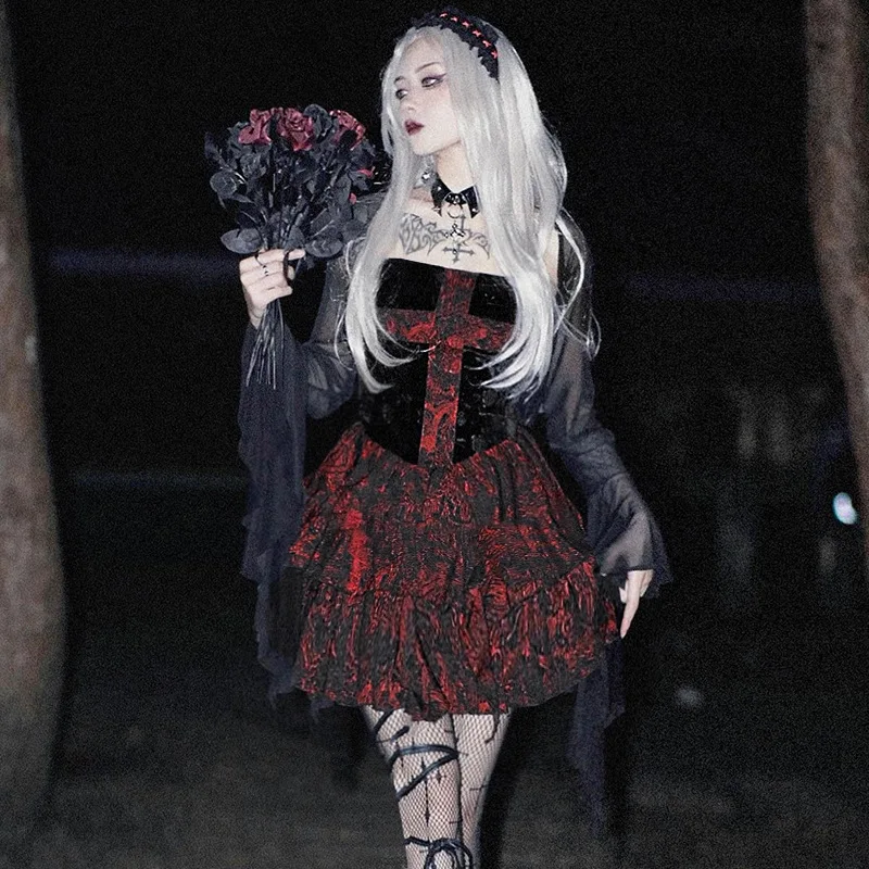 

Goth black Dresses Lace Line Fairy Sexy Backless Fashion Flat collar Dark Academy Summer Partywear