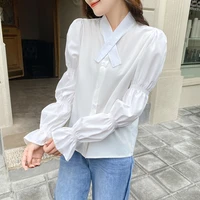 solid white women shirt long sleeve button up ladies top french long puff sleeve scarf collar design niche shirt fashion blouses