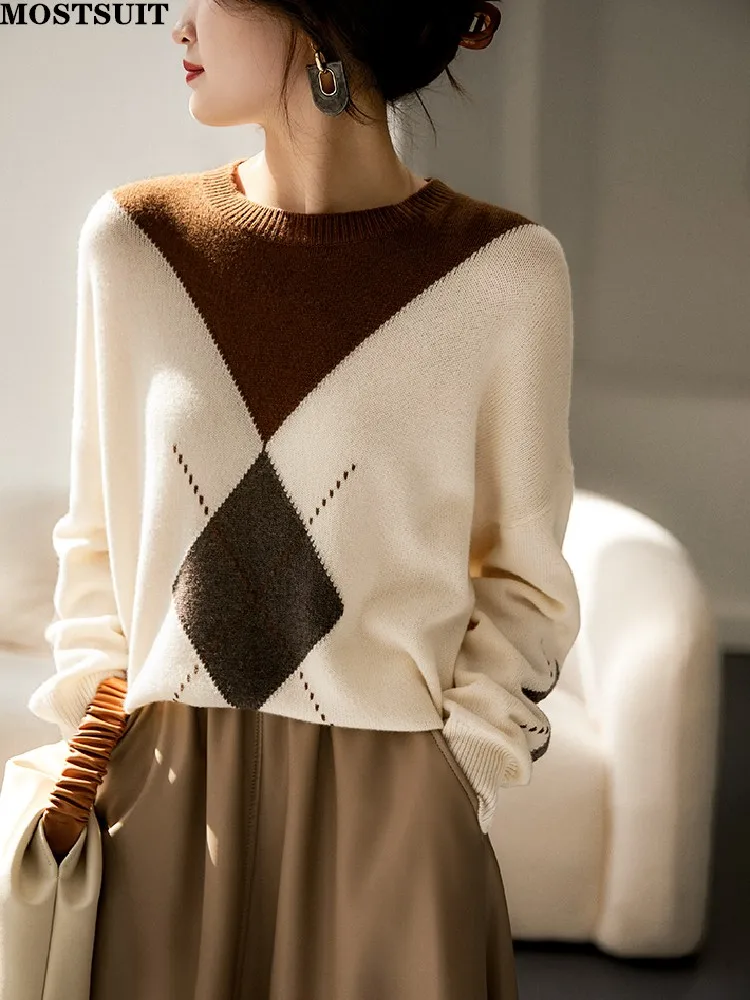

Plaid Knitted Workwear Sweater Women's Pullover 2022 Autumn Winter Loose Fashion Long Sleeve Round Neck Soft Female Kntiwear Top