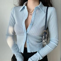 blusas 2021 spring and autumn retro lapel long sleeve plaid flared sleeve shirt cardigan women aesthetic egirl short slim shirt