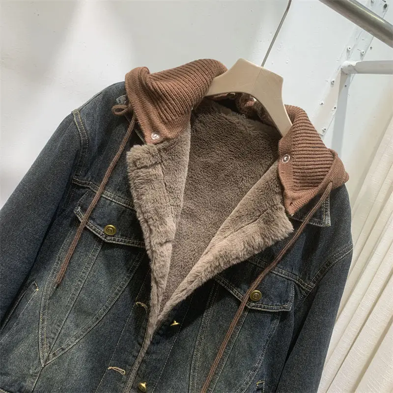 Винтажная женская зимняя теплая джинсовая куртка с флисовой подкладкой