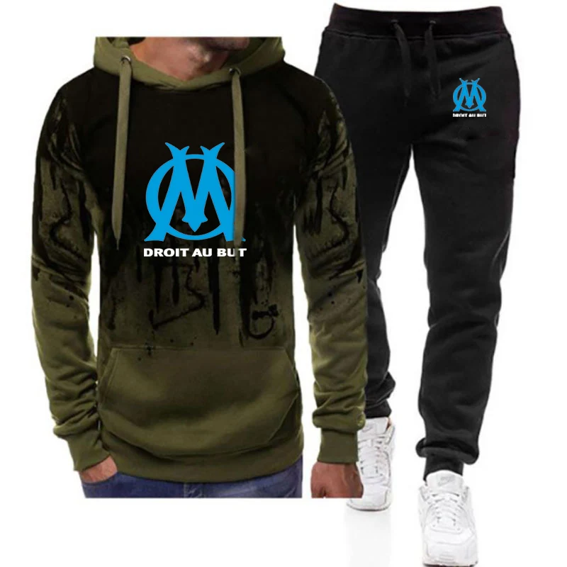 2022 New DROIT AU BUT Marseille Logo Print Men's Gradient Hooded Sweatshirt Casual Sweatpants Suits Hoodies+Pants Two Piece Sets