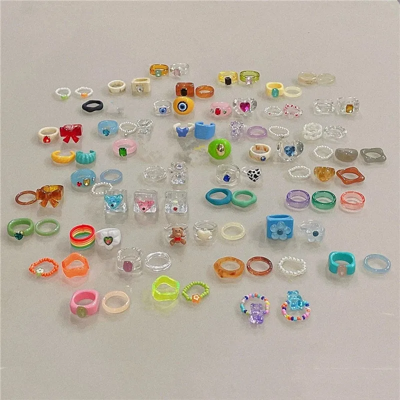 

New Trendy Multicolor Big Chunky Square Resin Acrylic Rings for Women Cute Heart Round Fruits Bead Geometric Rings Party Jewelry