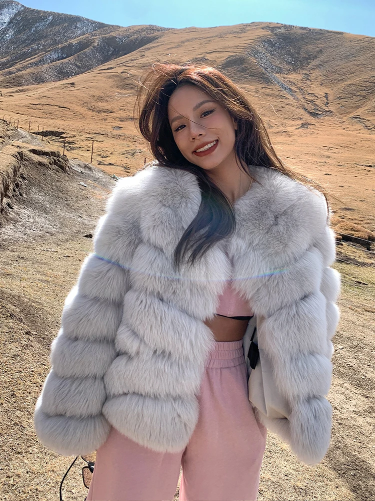 High Quality Women Real Fox Fur Coat Round Collar Winter Fashion Whole Skin Genuine Fox Fur Jacket Woman Natural Fur Overcoats