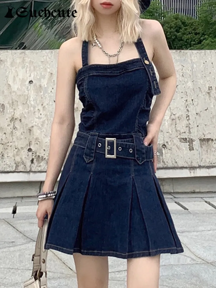 

SUCHCUTE Korean Fashion Halterneck Mini Dress With Belt Women Vintage Elegant Denim A-Line Dresses Streetwear Backless Outfits