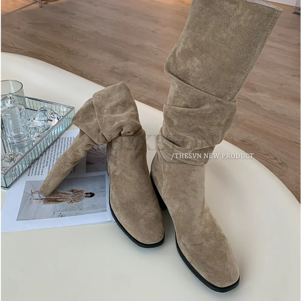 Western Cowboy Boots For Women Pointed Toe Shoes Brand Suede Leather Shoes Knee High Chunky Heel Comfy Walking Boot Woman