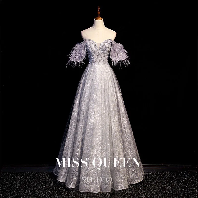 

Luxury Silver Gray Bridesmaid Dresses Off the Shoulder Crystal Beading Feather Boat Neck Evening Prom Party Gowns Strapless