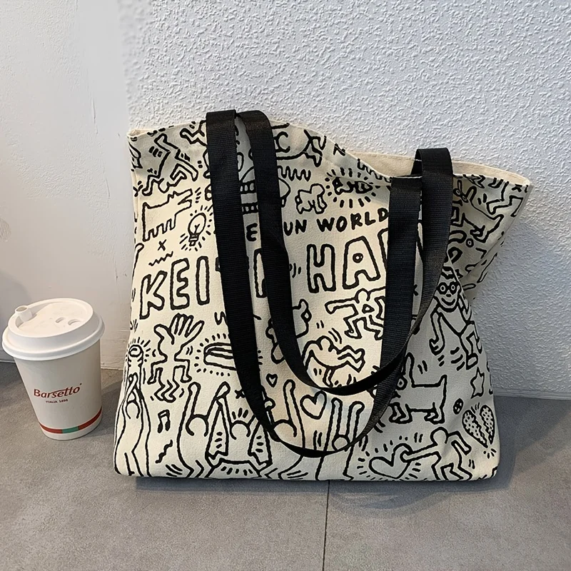 

Graffiti Print Large Capacity Canvas Tote Bag Casual Lightweight Daily Use Durable Shoulder Bag, Shopping Bags, Beach Travel Bag