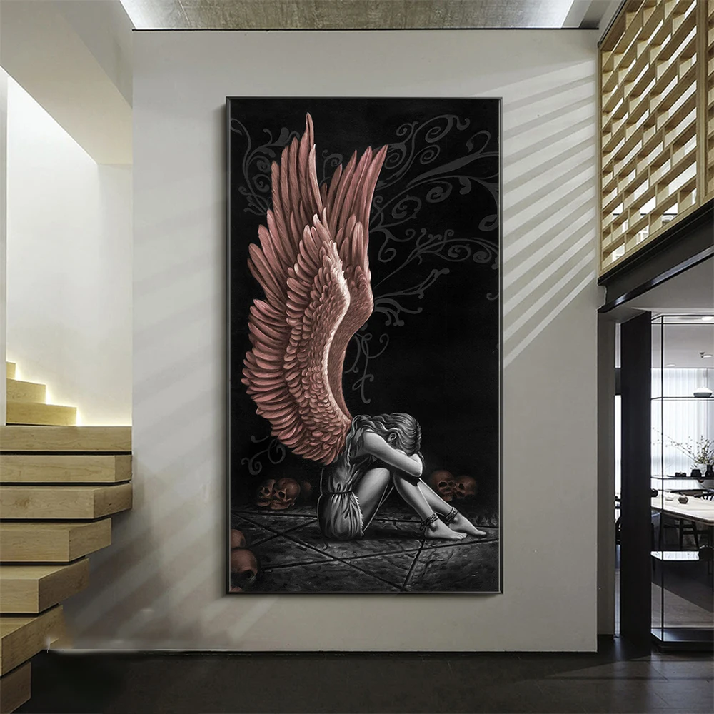 

Imprisoned Angel Girl Canvas Painting RoseGold Feather Wings Art Poster And Prints Wall Pictures For Living Room Home Decor