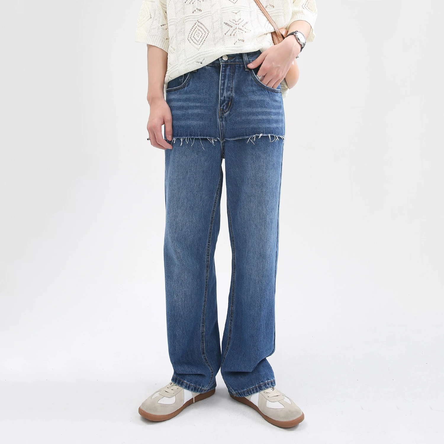 

Four Seasons Men's Trousers Loose Straight Seam Jeans Straight Stitching Street Style Jeans Layered Design Ins Hot Surface JEANS