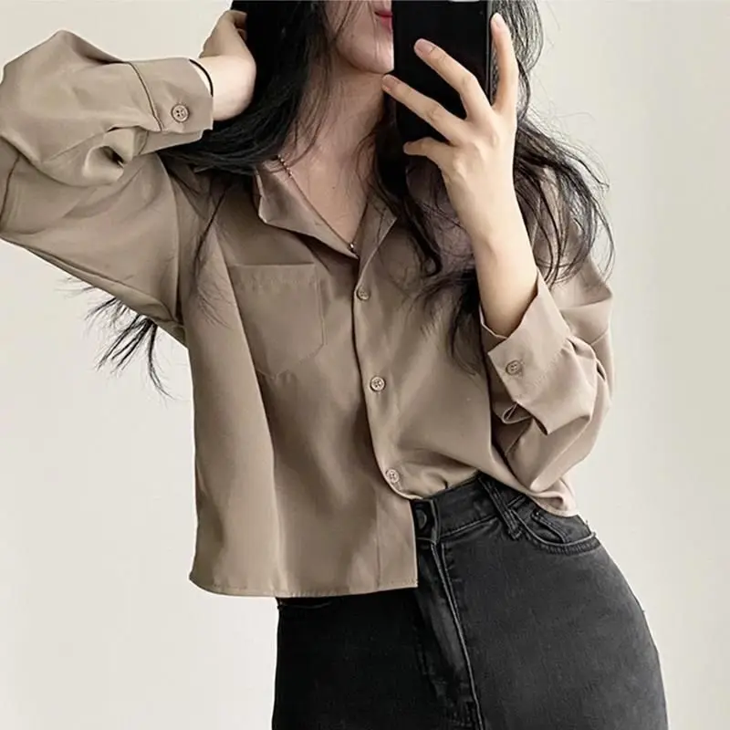 Korean Fashion Cropped Shirts Women New Elegant Minimalist Polo Collar Single Breasted Long Sleeve Blouses Tops Mujer