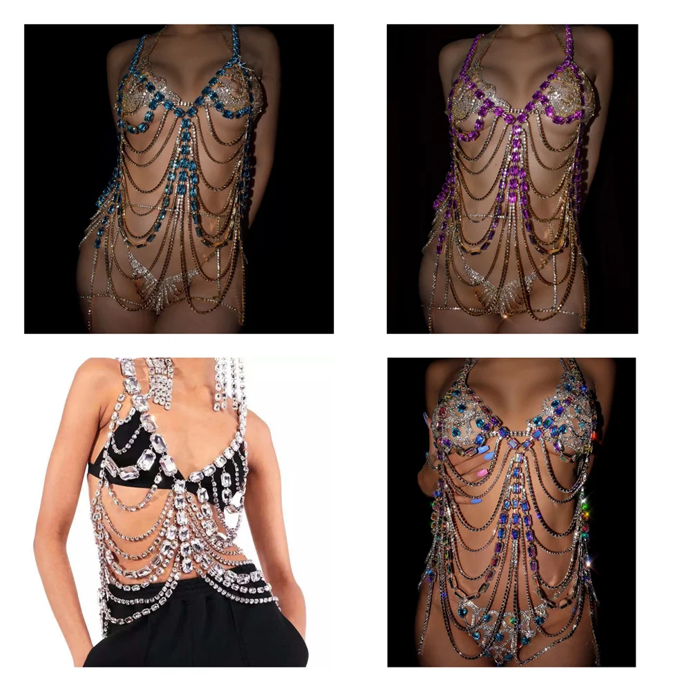 

Роскошный Большой Хрустальный бюстгальтер с цепочкой на грудь для ночного клуба сексуальный многослойный бюстгальтер на бретельках женский изысканный четырехцветный цепочка для тела подарок