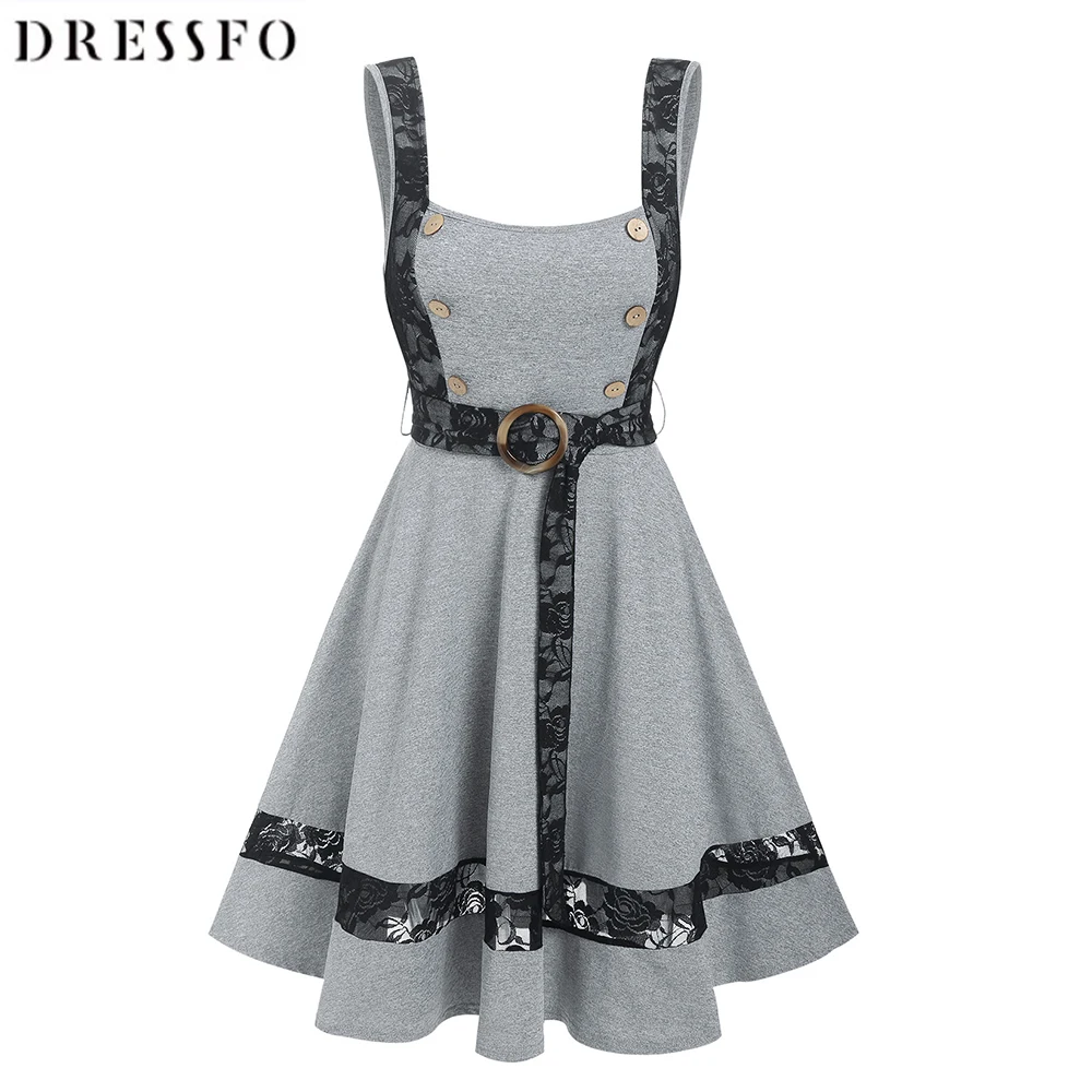 

Dressfo женские платья с прозрачной кружевной вставкой Матросская пуговица расклешенное летнее платье-футляр до колен Летняя мода с высокой талией