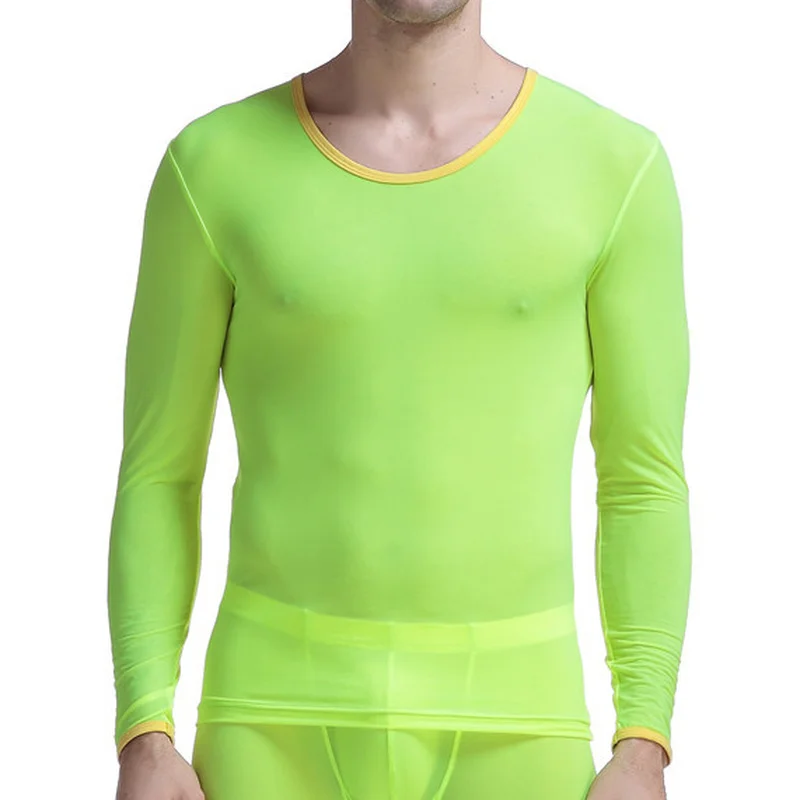Mens Undershirts Long Sleeve Ice Silk Sheer T Shirts Transparent Ultra-thin Tee Shirts Fitness Tops Male Sleepwear Ondershirts