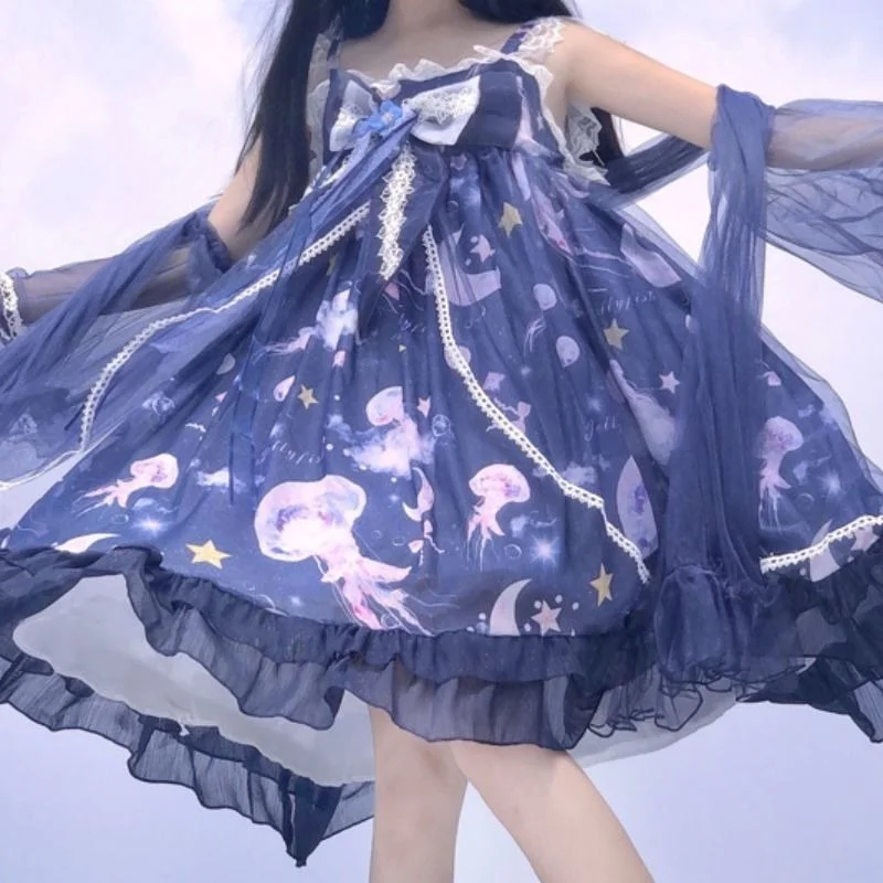 

Japanese Sweet Kawaii Lolita Dress Deep Sea Jellyfish Blue Cute Jsk Suspender Dress Fairy Dress Goth Lolita Kawaii Dress