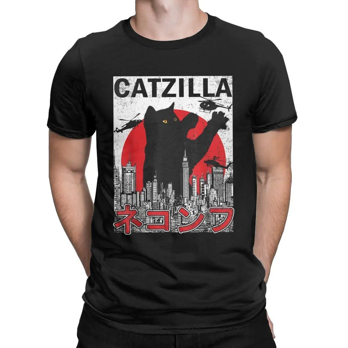 

Футболка Catzilla для любителей японских кошек, котят, модная мужская футболка из 100% хлопка с круглым воротником, женская одежда