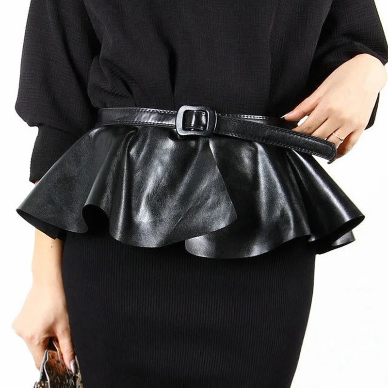 Women's Gold Black Peplum Waist Belt For Dress Skirt Harajuku Fashion Waistband 90s Ruffled Designer PU Leather Belts For Women