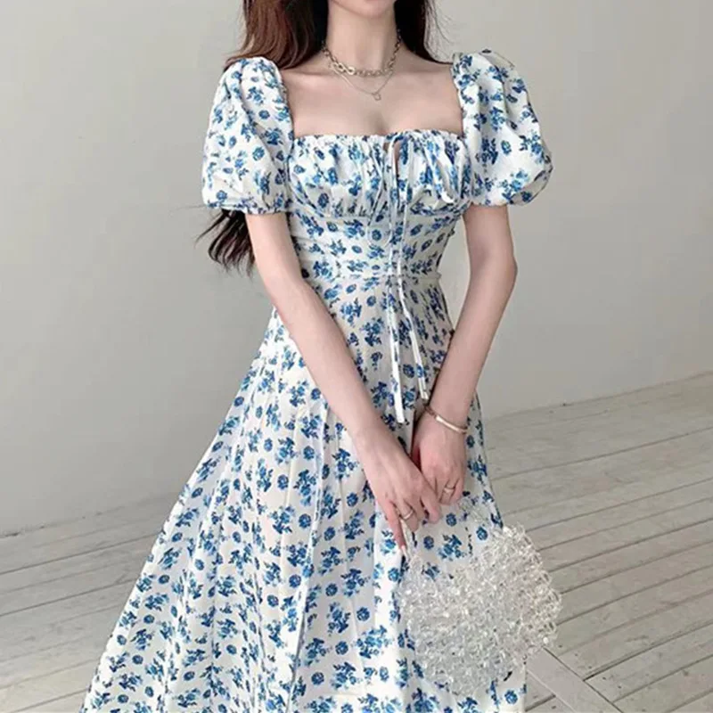 

Women's Summer Blue Floral Dress French Long Slit Temperament Dress