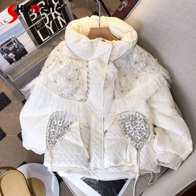 

High-Grade Fashion Trendy Fairy Beads White Duck Down Jacket Women's Winter New Sweet Loose Lace Peter Pan Collar Down Coat