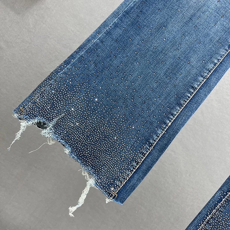 Jeans for Women 2022 New Thin Summer Clothing High Waist Slim Fit Denim Trousers Heavy Hot Drilling Flare Pants Ladies Blue Jean