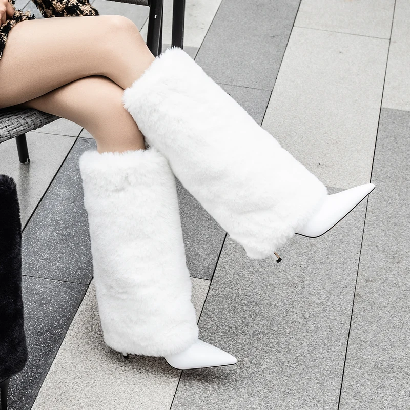 

Pink and White Fur Pants Boots Boots Boots Children's Thin Heels Large Tube High Heels Hot Girls Knight Boots Large 41