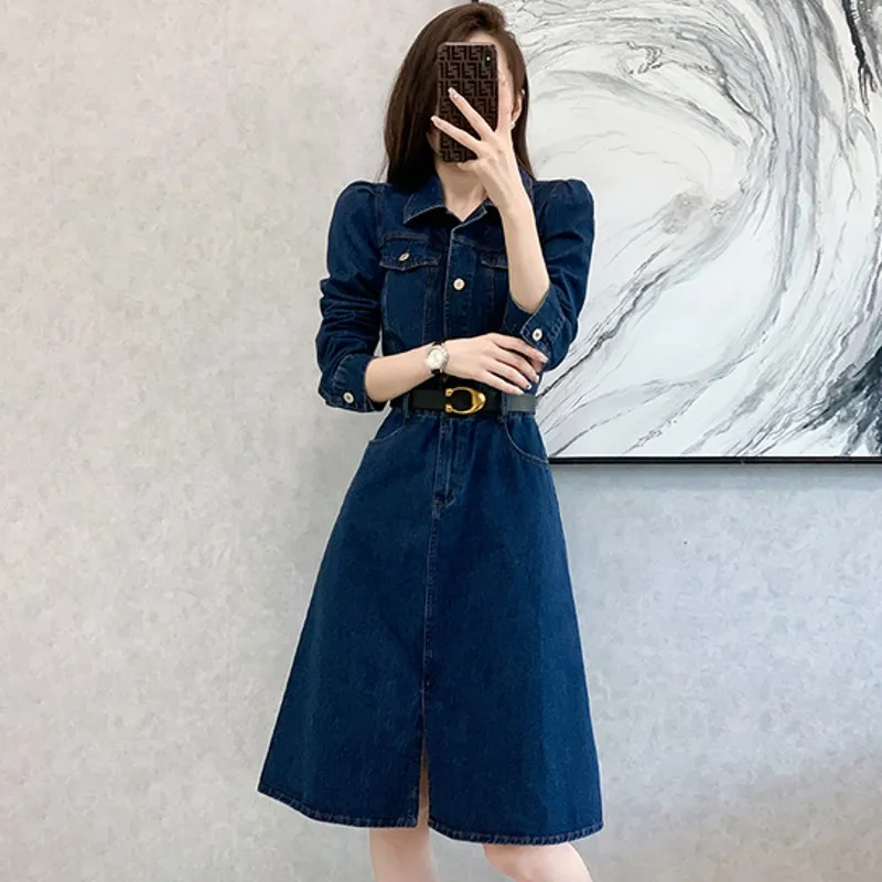 

2022 Autumn Women Denim Straight Slim Jeans Solid High Waist long Sleeve Casual Dresses