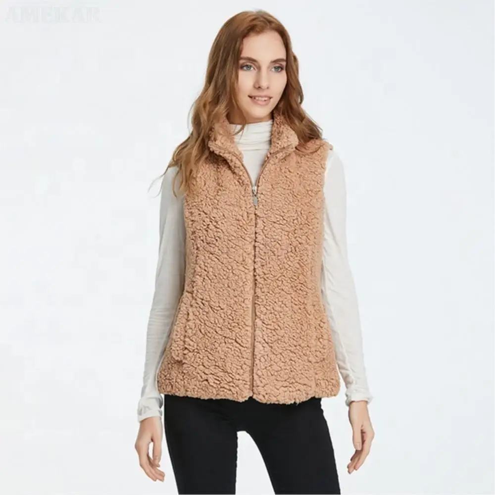Women Fleece Real Fur Vest Coat Sleeveless Pocket Casual Fashion Short Waistcoat Pure Color Zipper Winter Warmth Fur Jackets