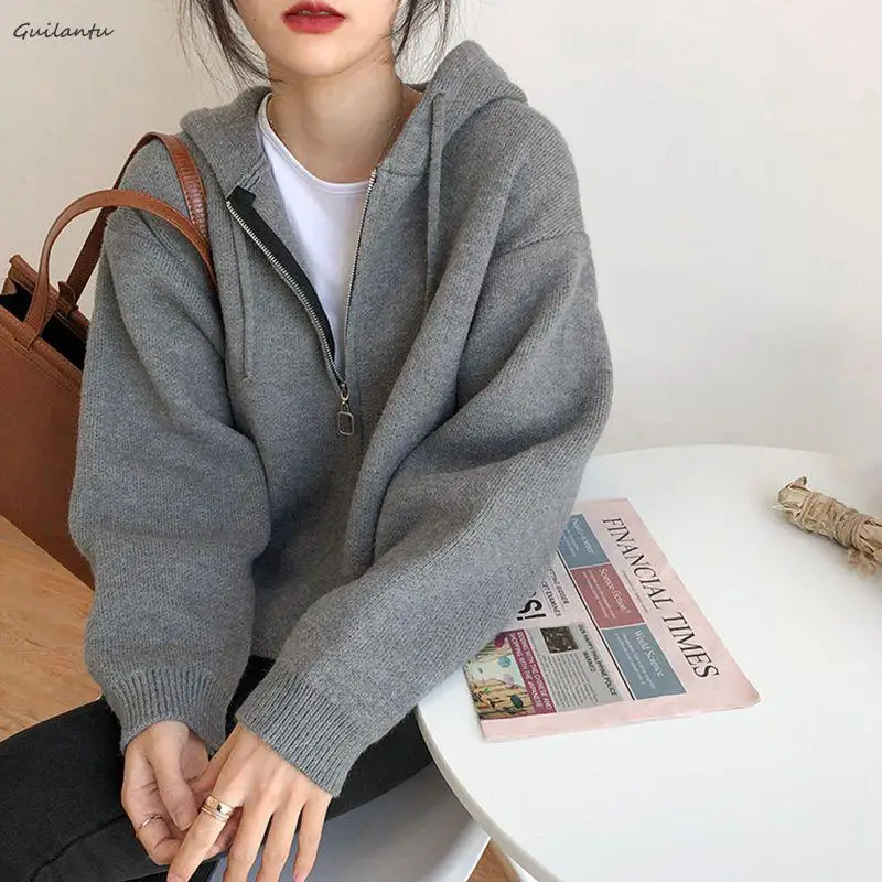 

Spring Autumn Hooded Zipper Knitwears Cardigan Woman Streetwear Coat Long Sleeve Korean Style Knitted Y2k Sweaters For Women Top