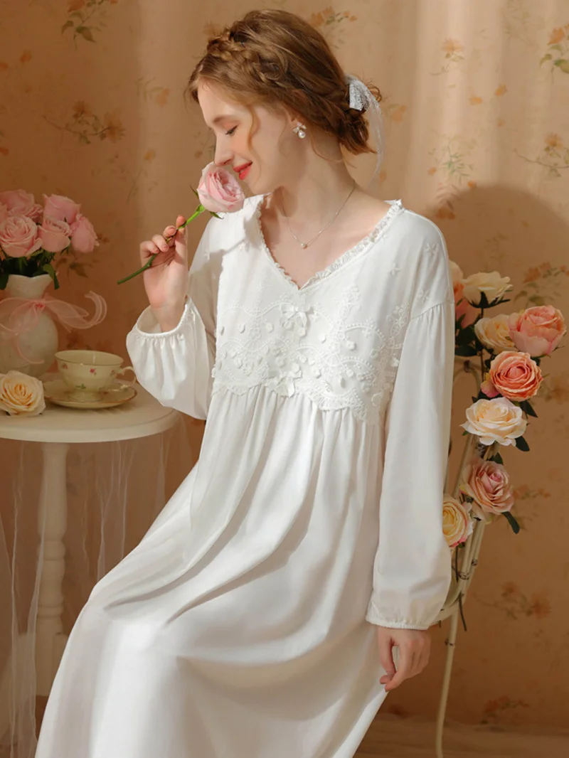 Women's Spring Autumn Cotton Fairy Long Sleeve V-Neck Princess Nightdress Vintage Pajamas Sweet Loose Victorian Dress 2023 New